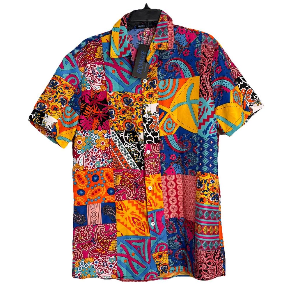 ROMWE Mens Patchwork Shirt L NWT Paisley Floral Short Sleeve Festival Party 70s